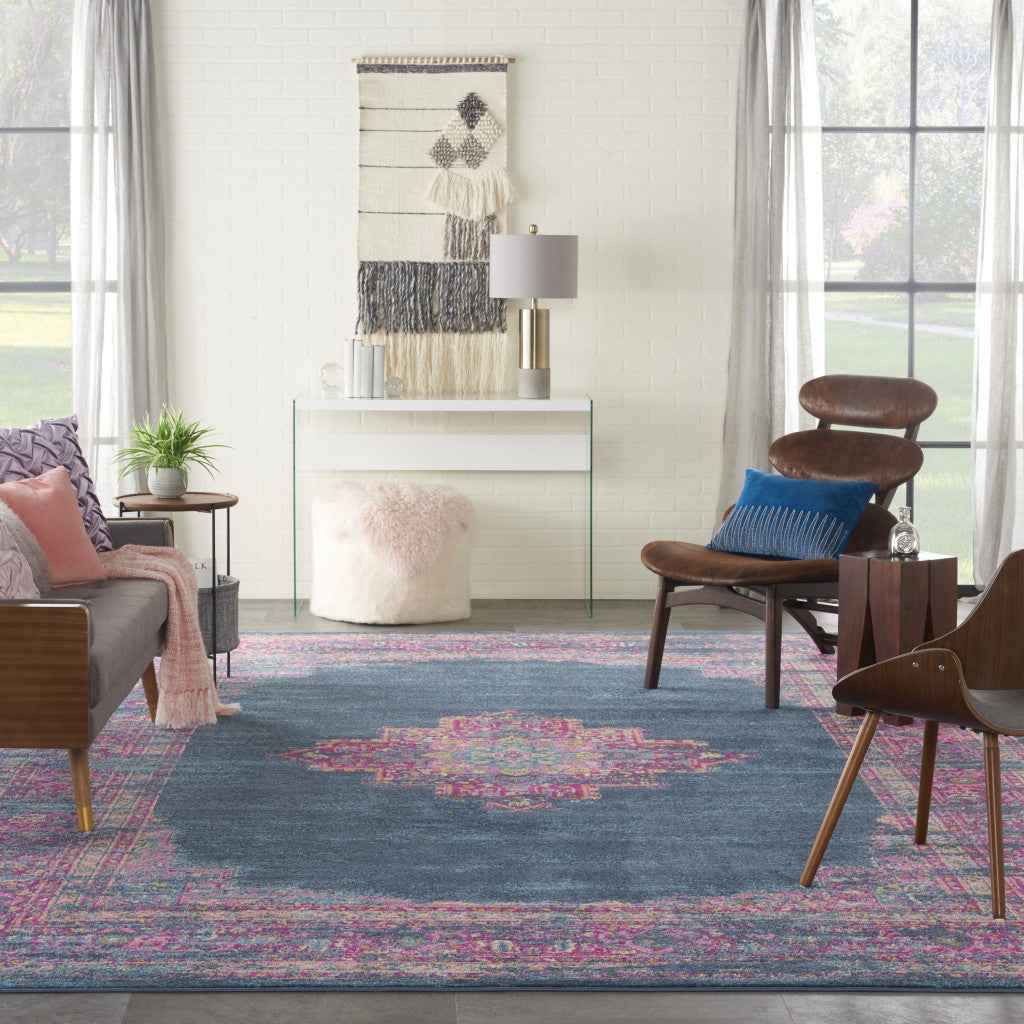 9' x 12' Blue Floral Power Loom Area Rug