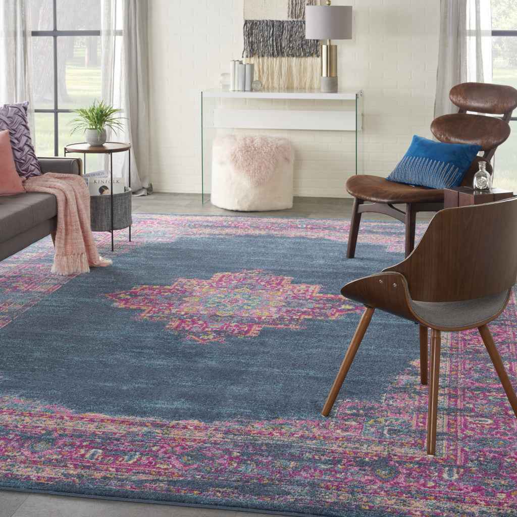 9' x 12' Blue Floral Power Loom Area Rug