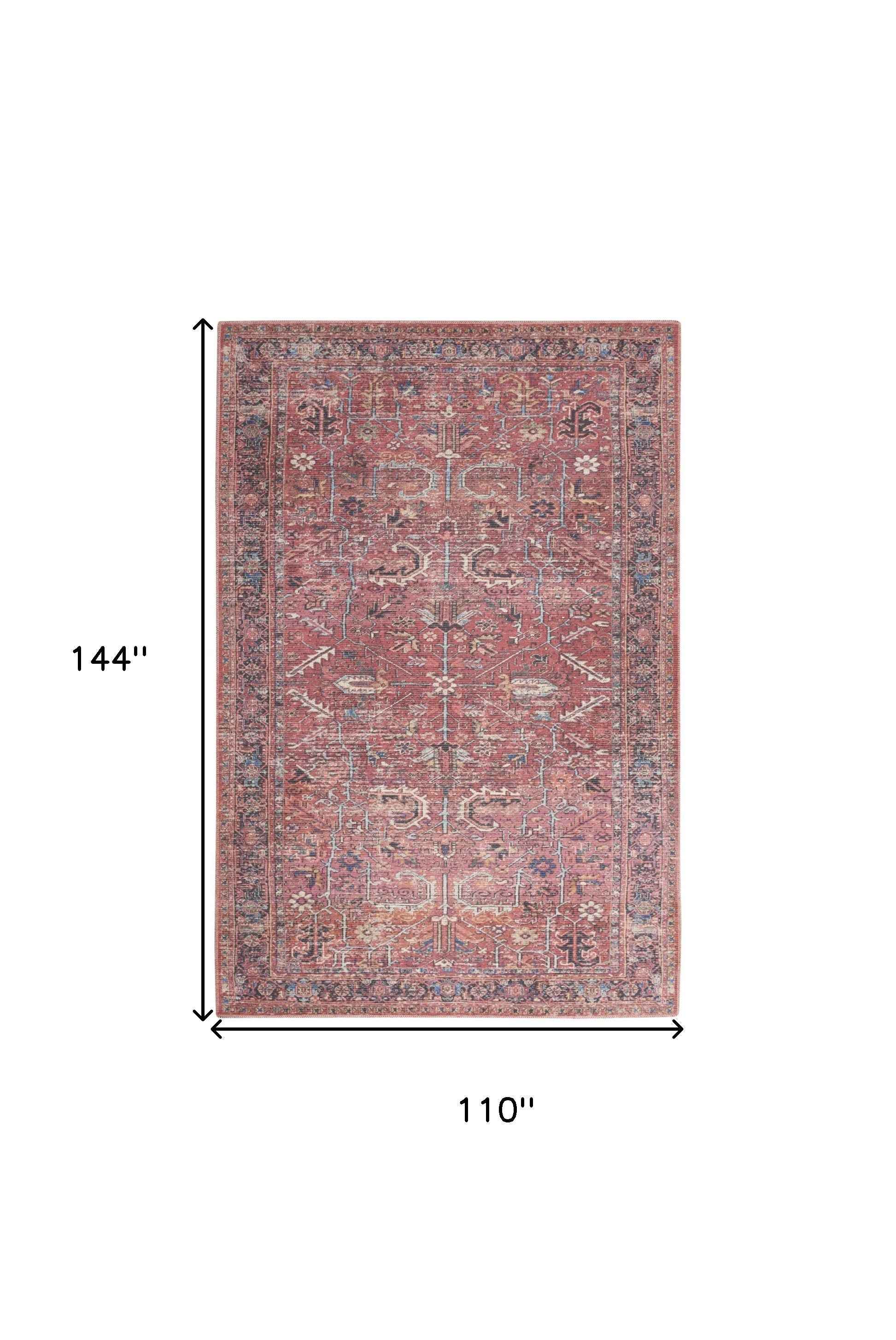 9' x 12' Red Floral Power Loom Distressed Area Rug