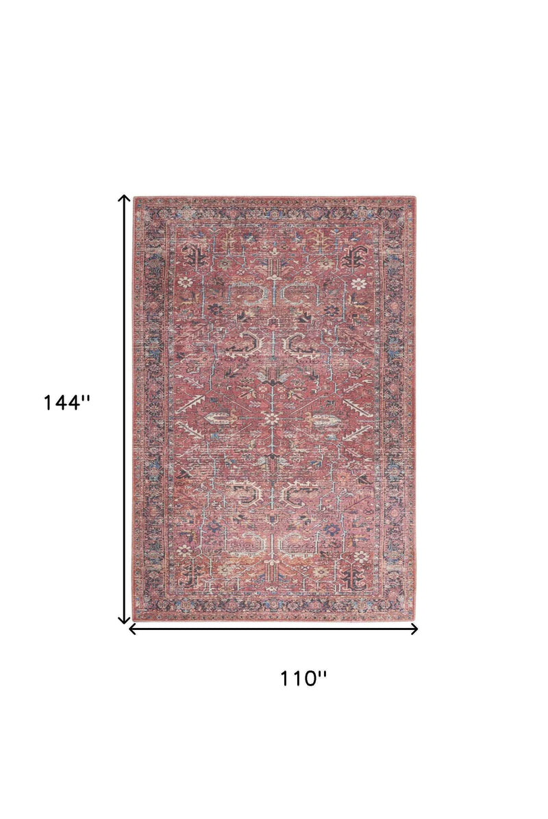 9' x 12' Red Floral Power Loom Distressed Area Rug