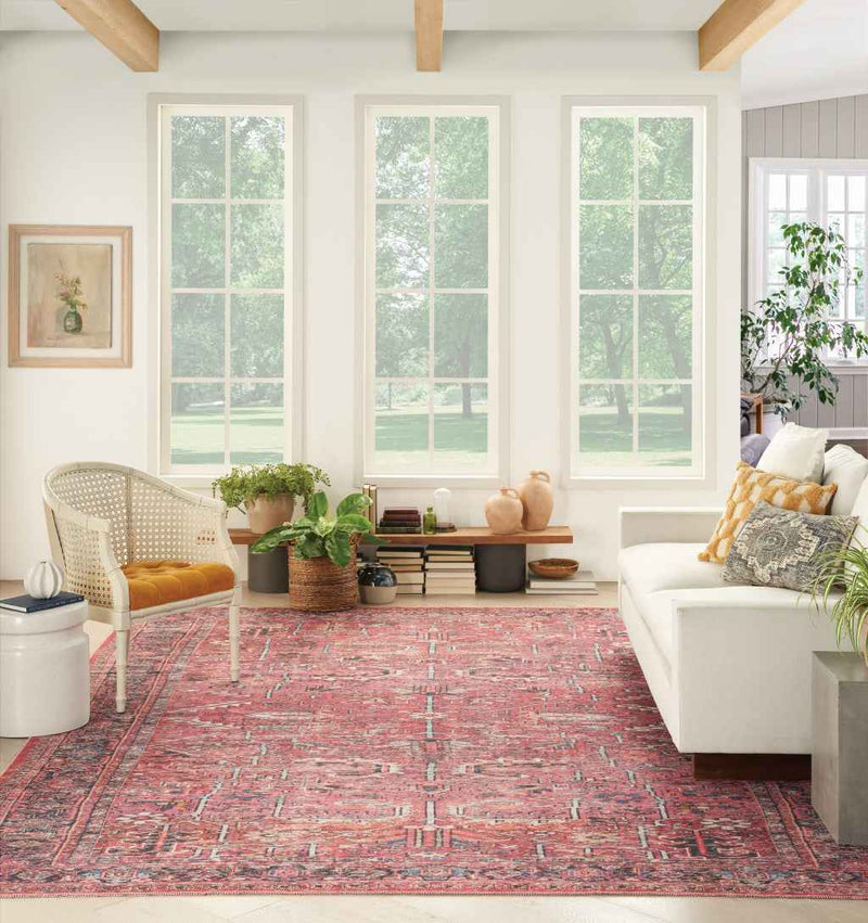 9' x 12' Red Floral Power Loom Distressed Area Rug