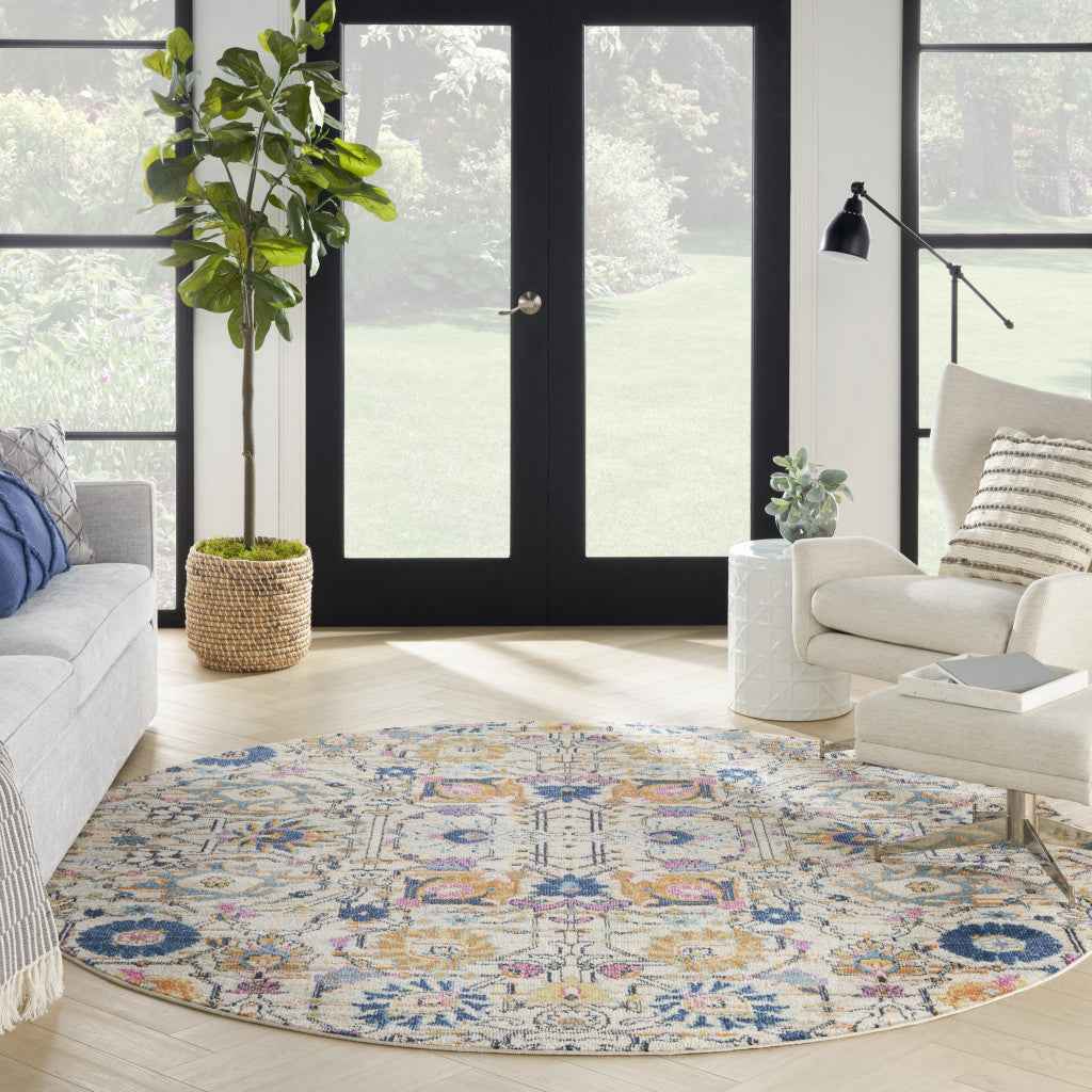 8' Cream Round Floral Power Loom Area Rug