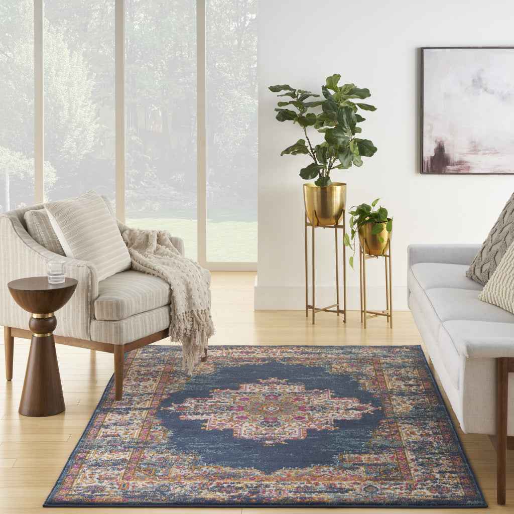 5' X 7' Navy Blue Floral Power Loom Distressed Area Rug