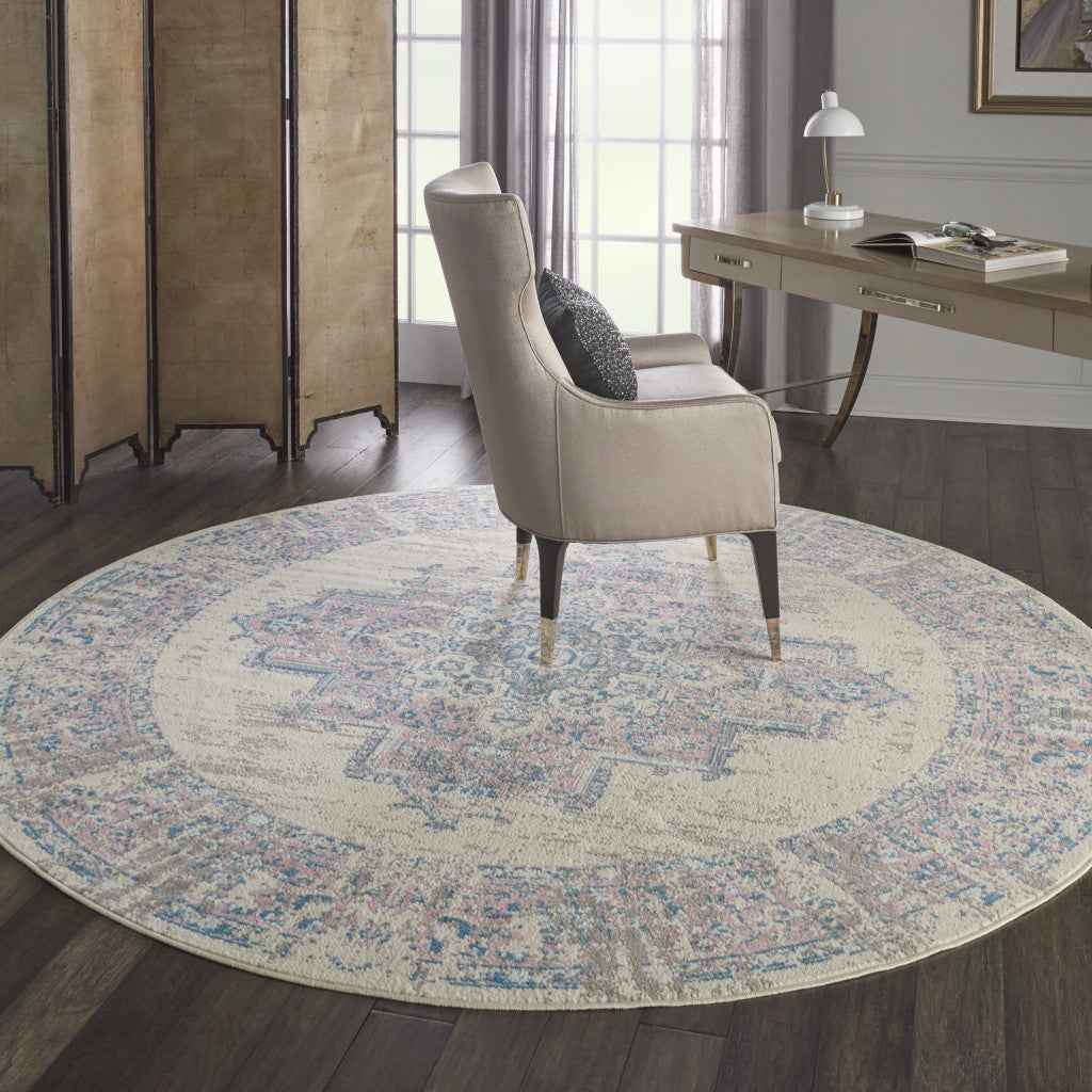 8' Pink Round Damask Power Loom Area Rug
