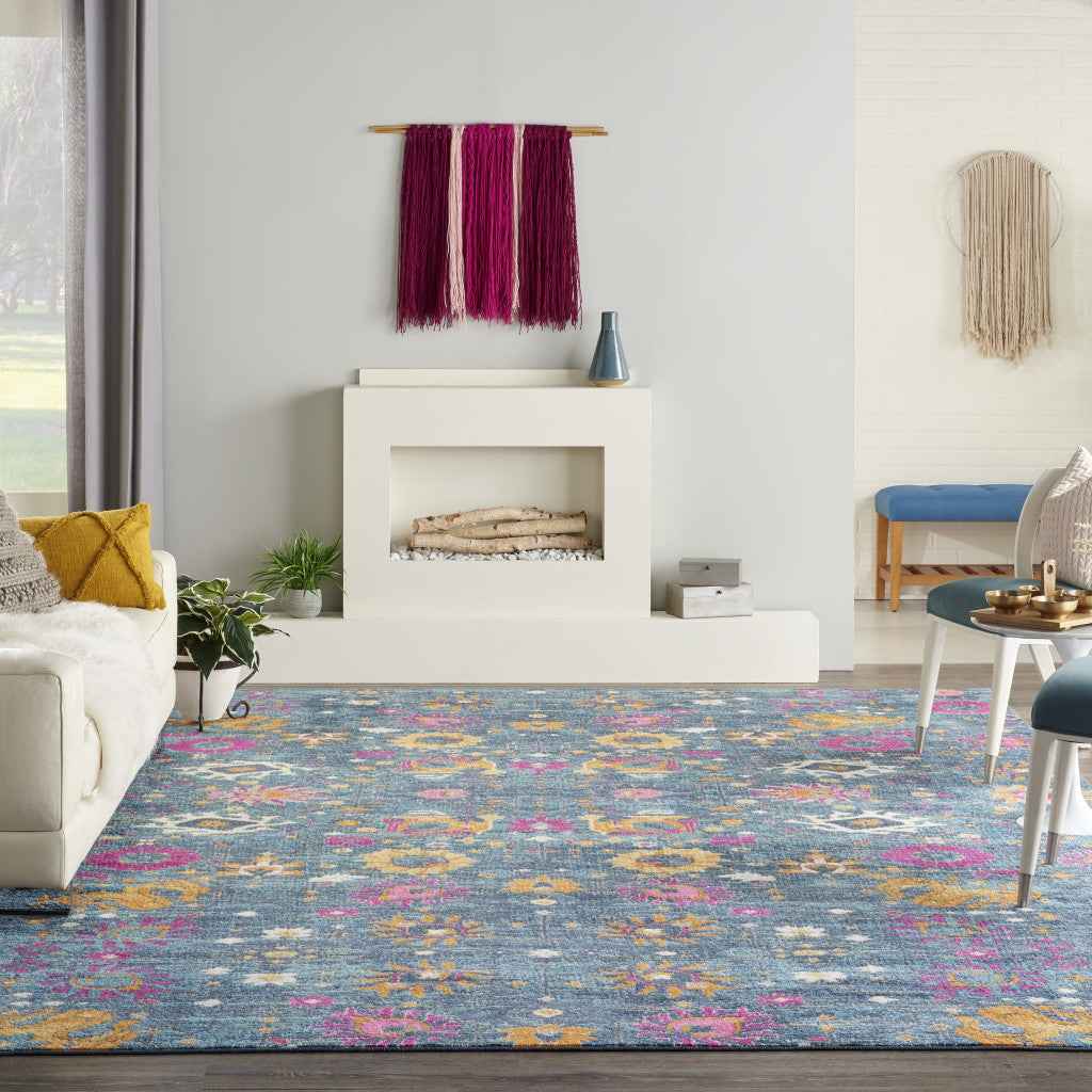 9' x 12' Blue Floral Power Loom Area Rug