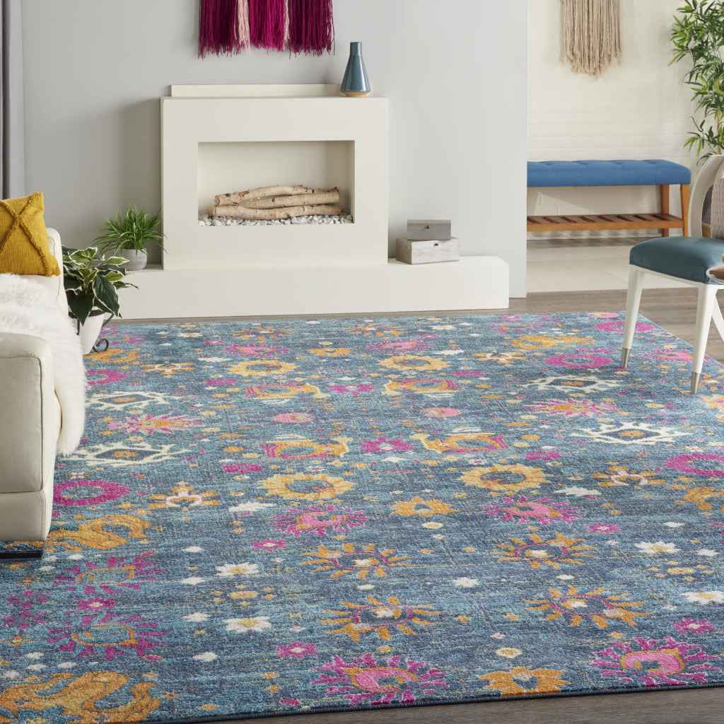 9' x 12' Blue Floral Power Loom Area Rug