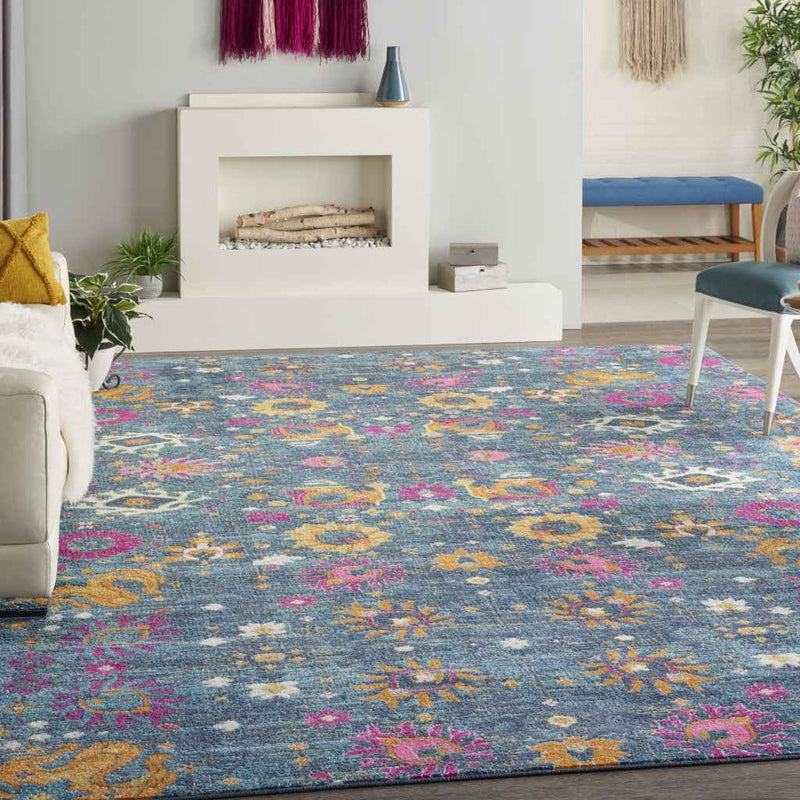 9' x 12' Blue Floral Power Loom Area Rug