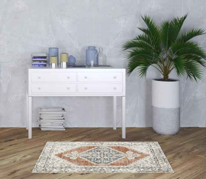 3' X 5' Gray Oriental Power Loom Distressed Washable Area Rug