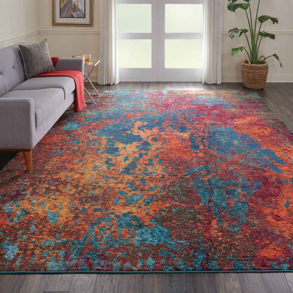 10' x 14' Blue and Orange Abstract Power Loom Area Rug