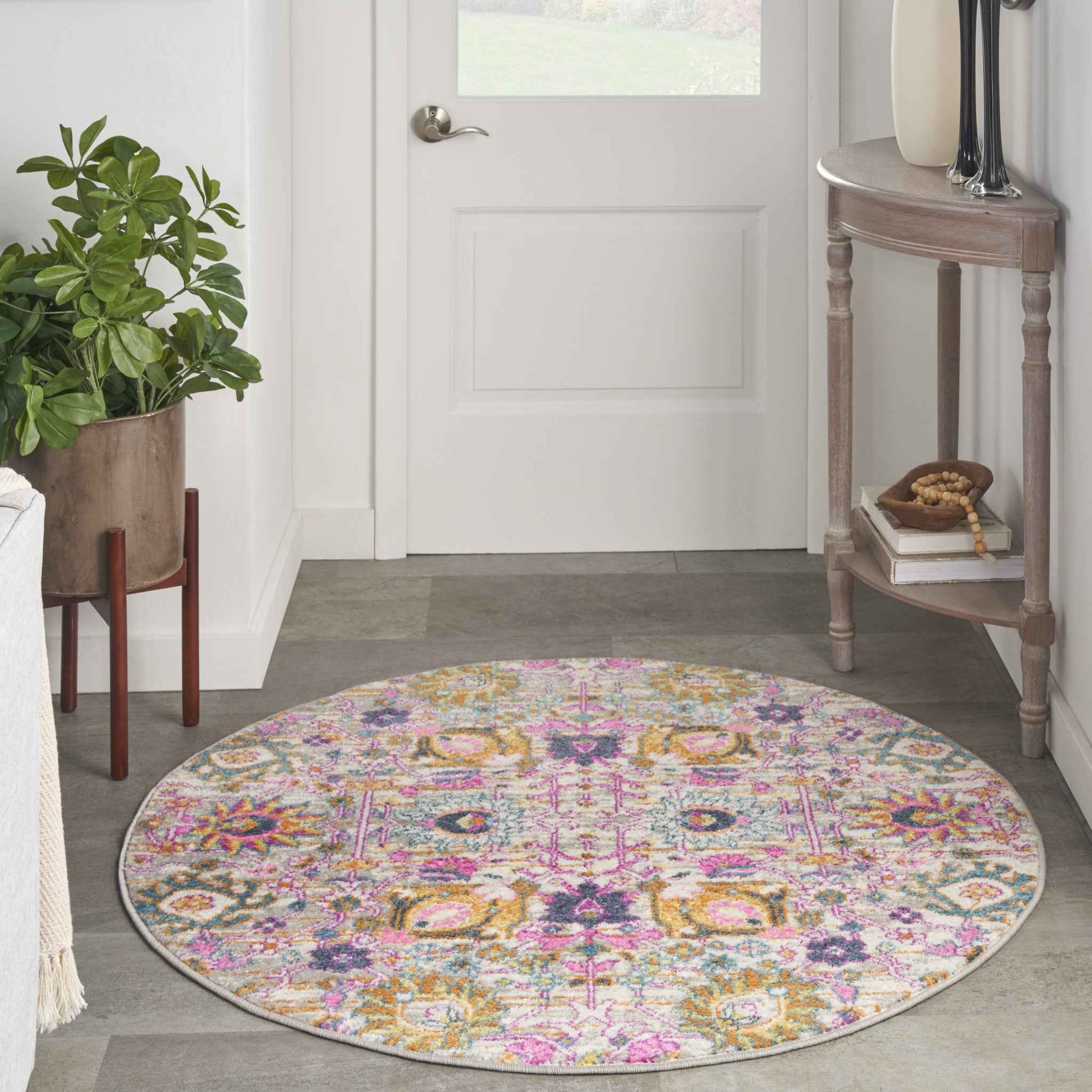 4' Gray Round Floral Power Loom Area Rug
