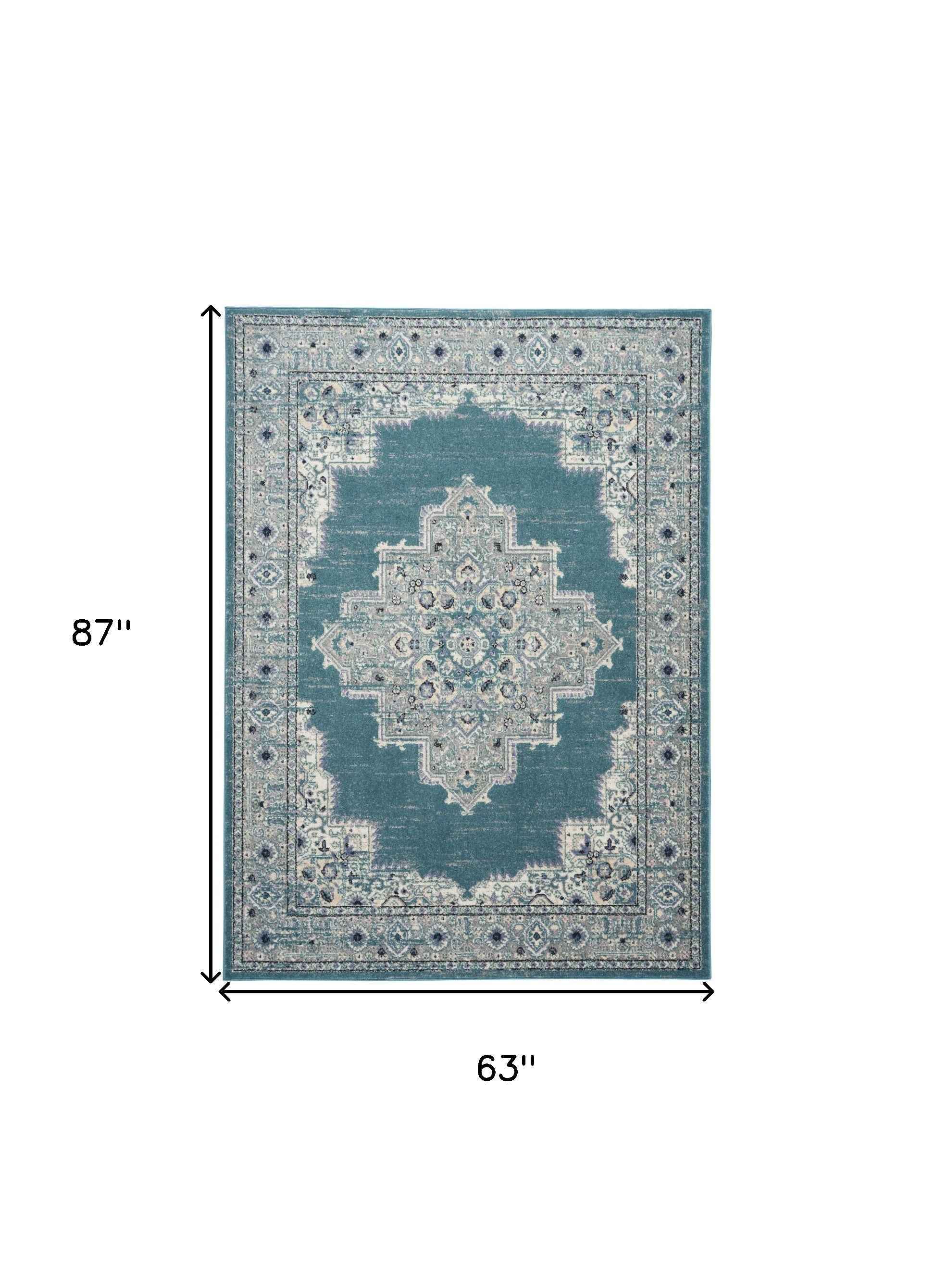 5' x 7' Aqua Floral Power Loom Distressed Area Rug
