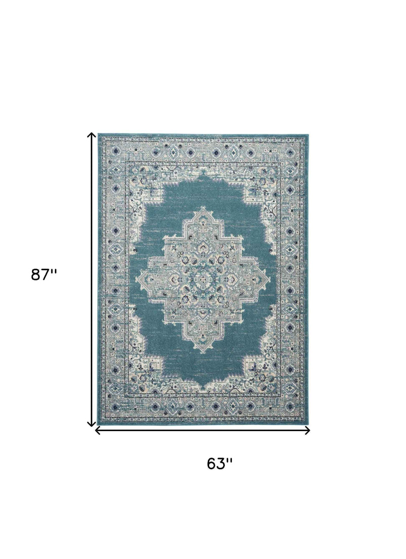5' x 7' Aqua Floral Power Loom Distressed Area Rug