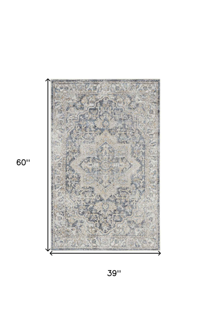 3' X 5' Gray Oriental Power Loom Washable Area Rug