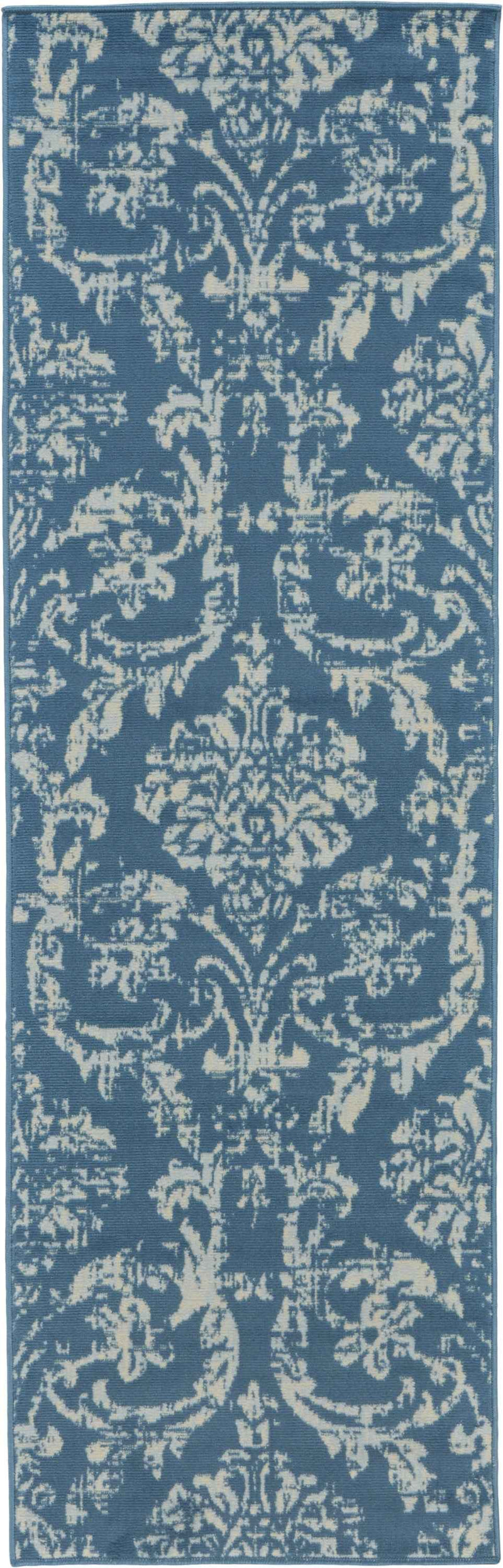 7' Blue Damask Power Loom Runner Rug