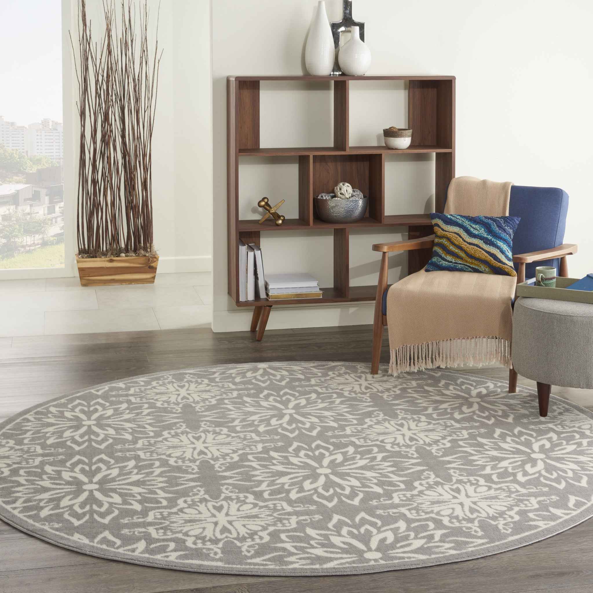 8' Gray Round Floral Power Loom Area Rug