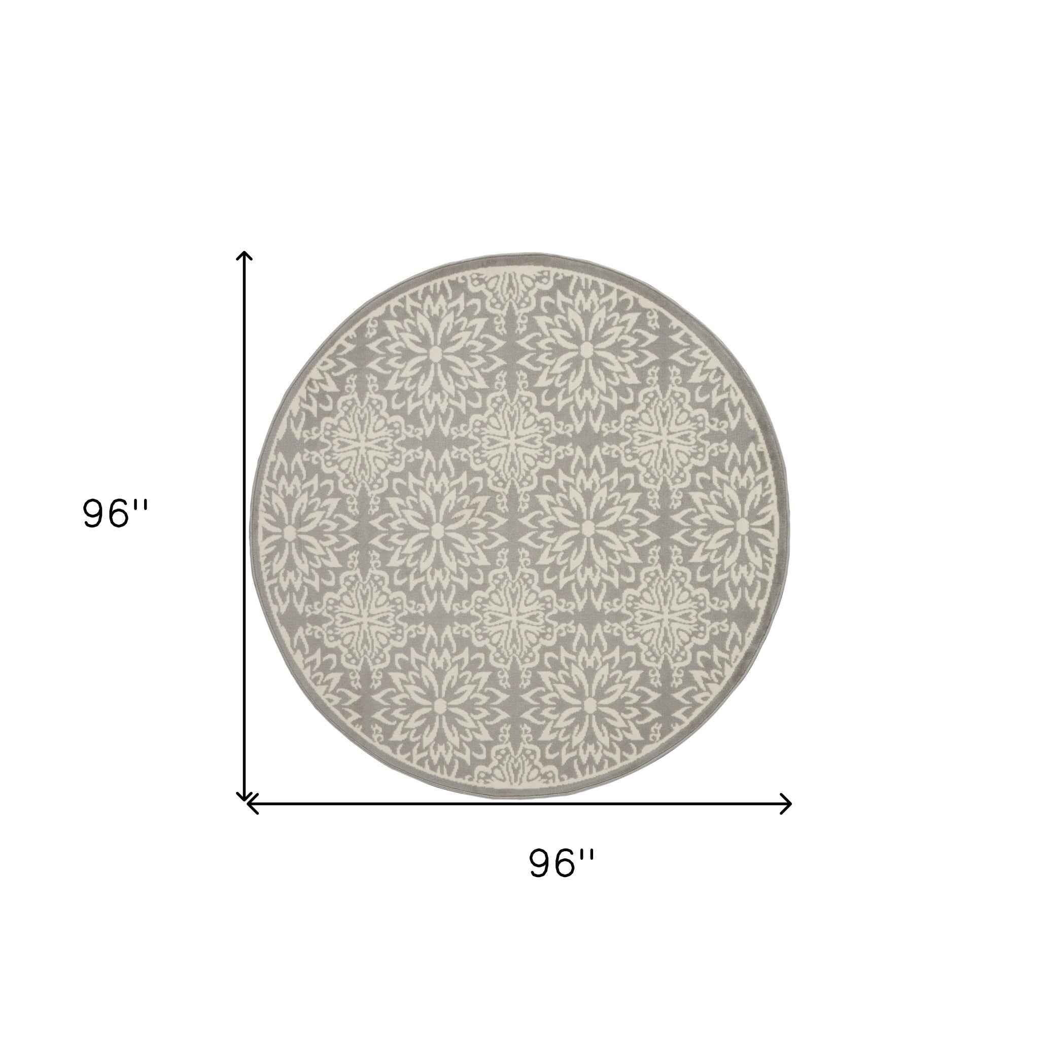 8' Gray Round Floral Power Loom Area Rug