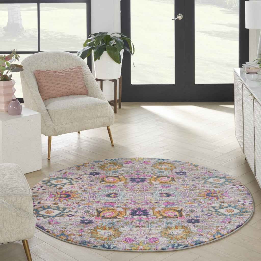 5' Gray Round Floral Power Loom Area Rug