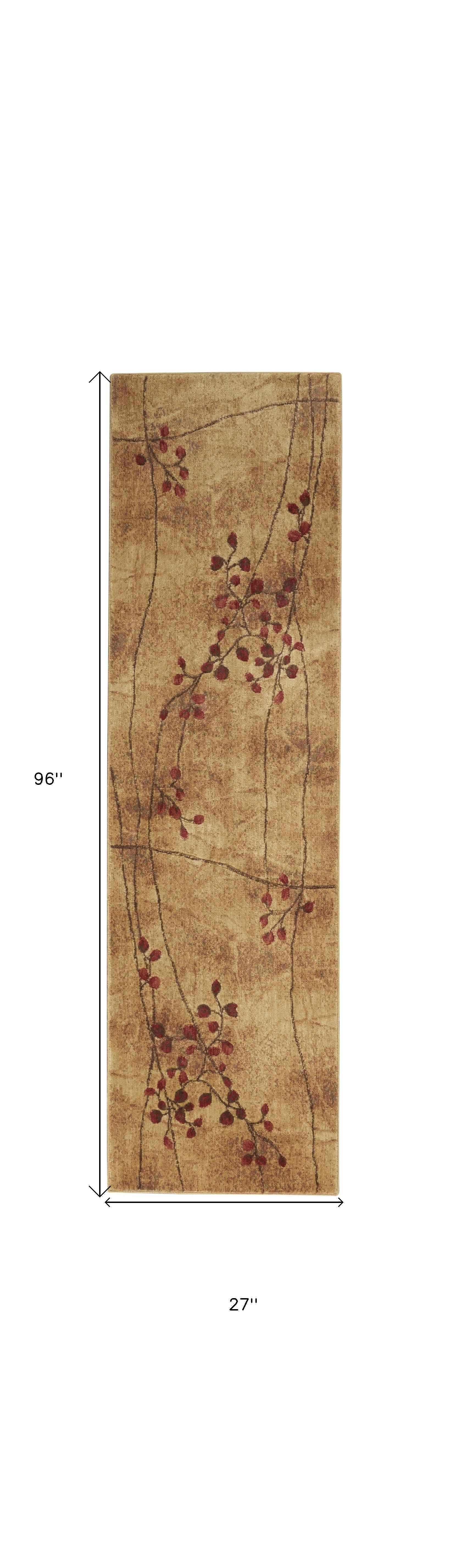 8' Brown Floral Power Loom Runner Rug