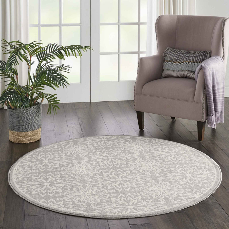 5' Gray Round Floral Power Loom Area Rug