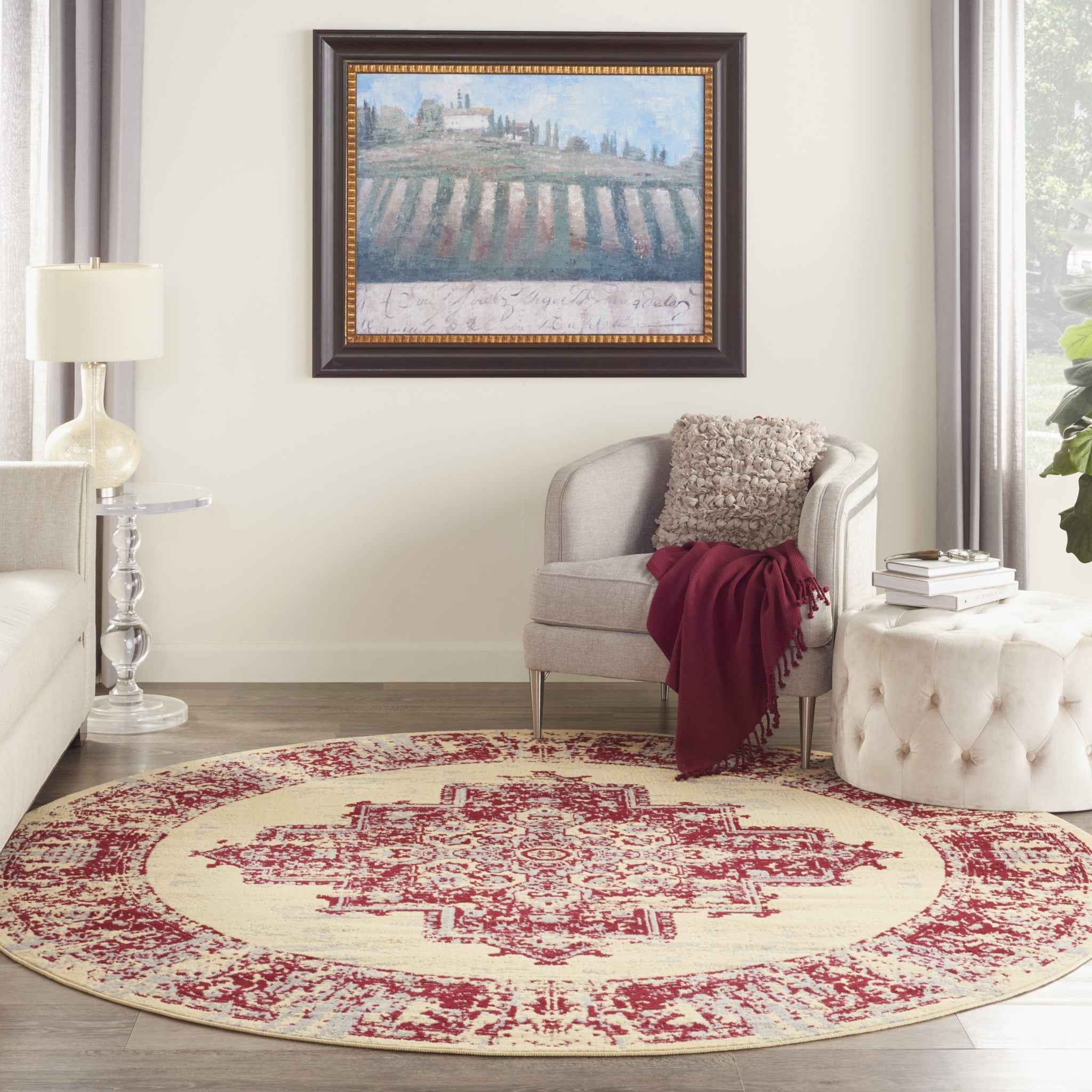 8' Cream Round Damask Power Loom Area Rug