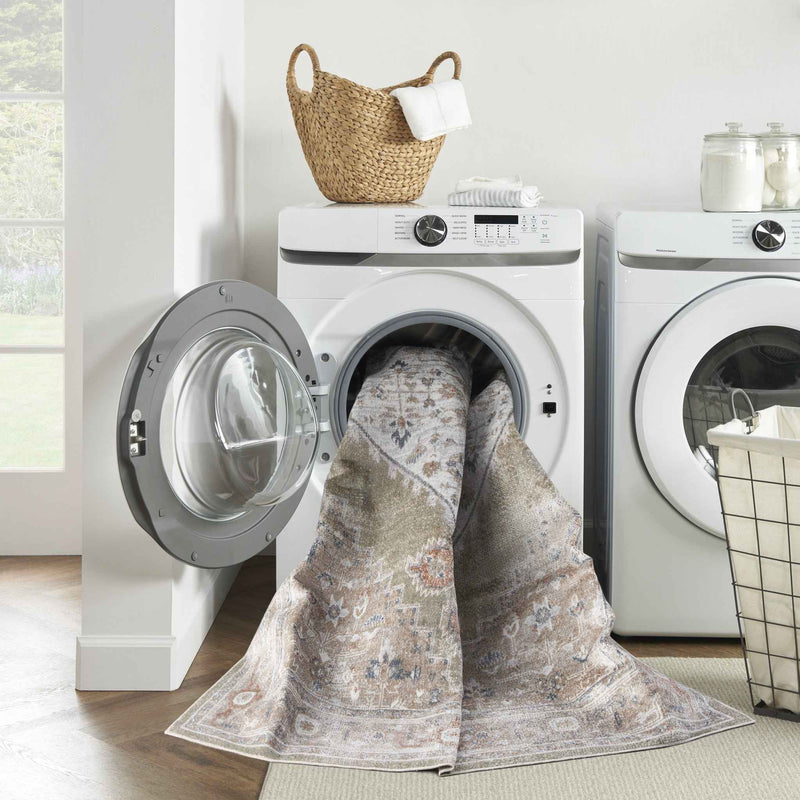 8' Sage Oriental Power Loom Distressed Washable Runner Rug