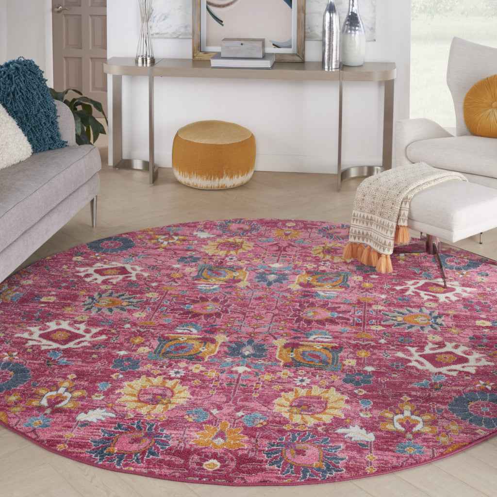 8' Pink Round Floral Power Loom Area Rug
