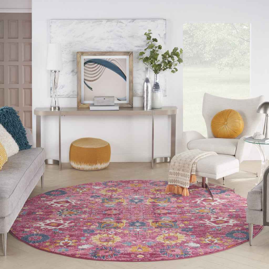 8' Pink Round Floral Power Loom Area Rug