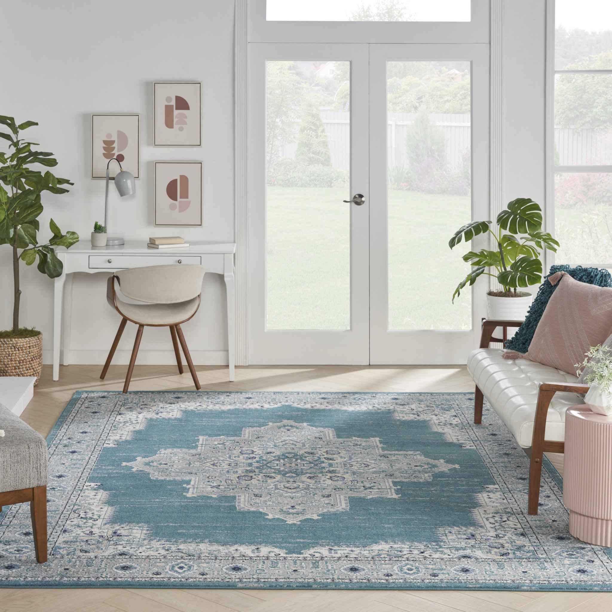8' X 10' Aqua Floral Power Loom Distressed Area Rug