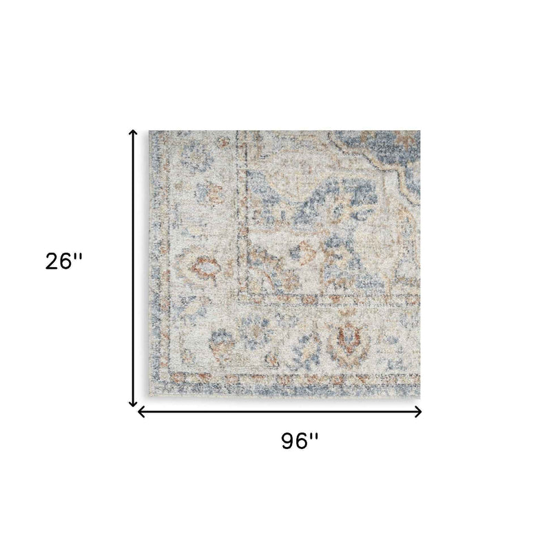 8' Denim Blue Oriental Power Loom Washable Runner Rug