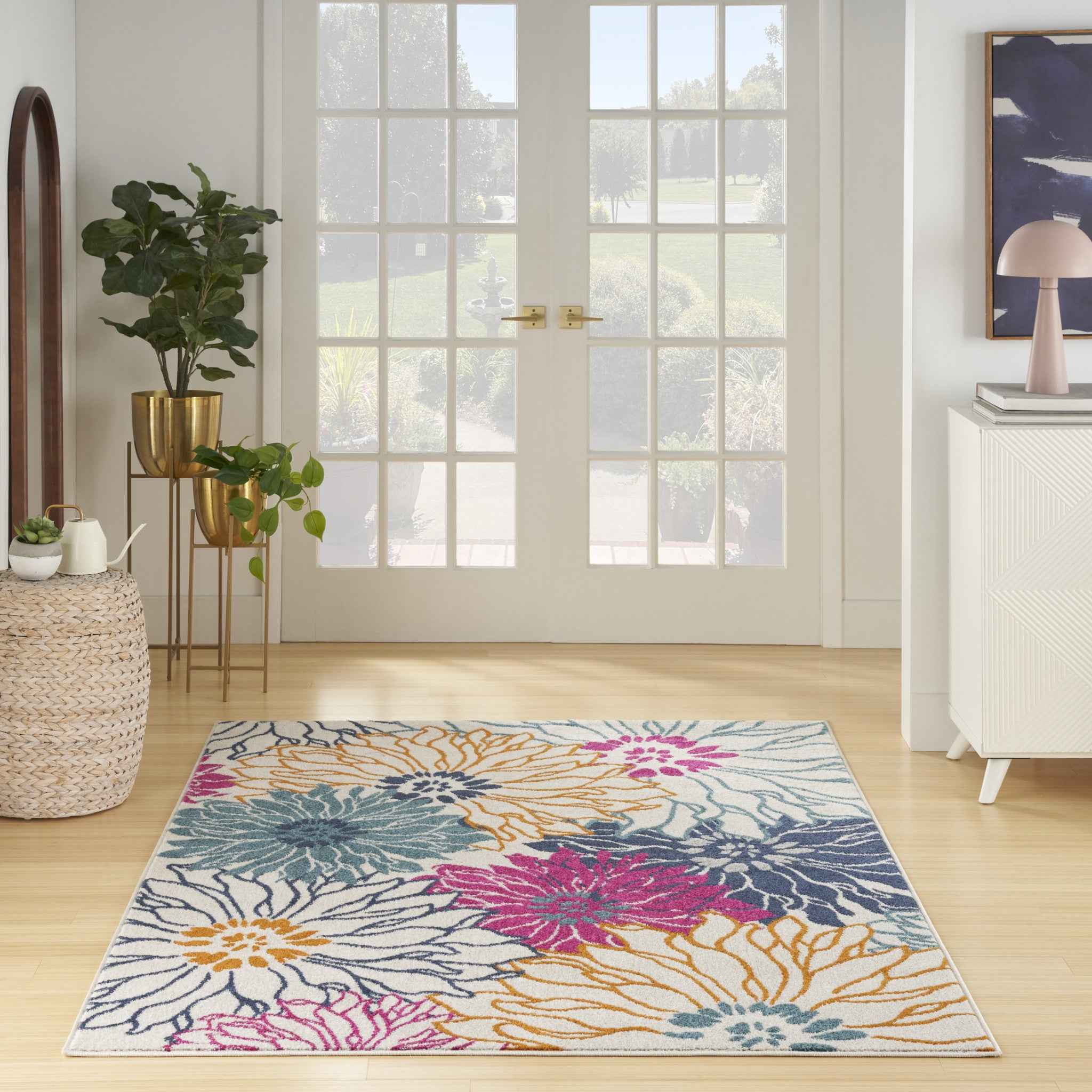5' X 7' Cream Floral Power Loom Area Rug