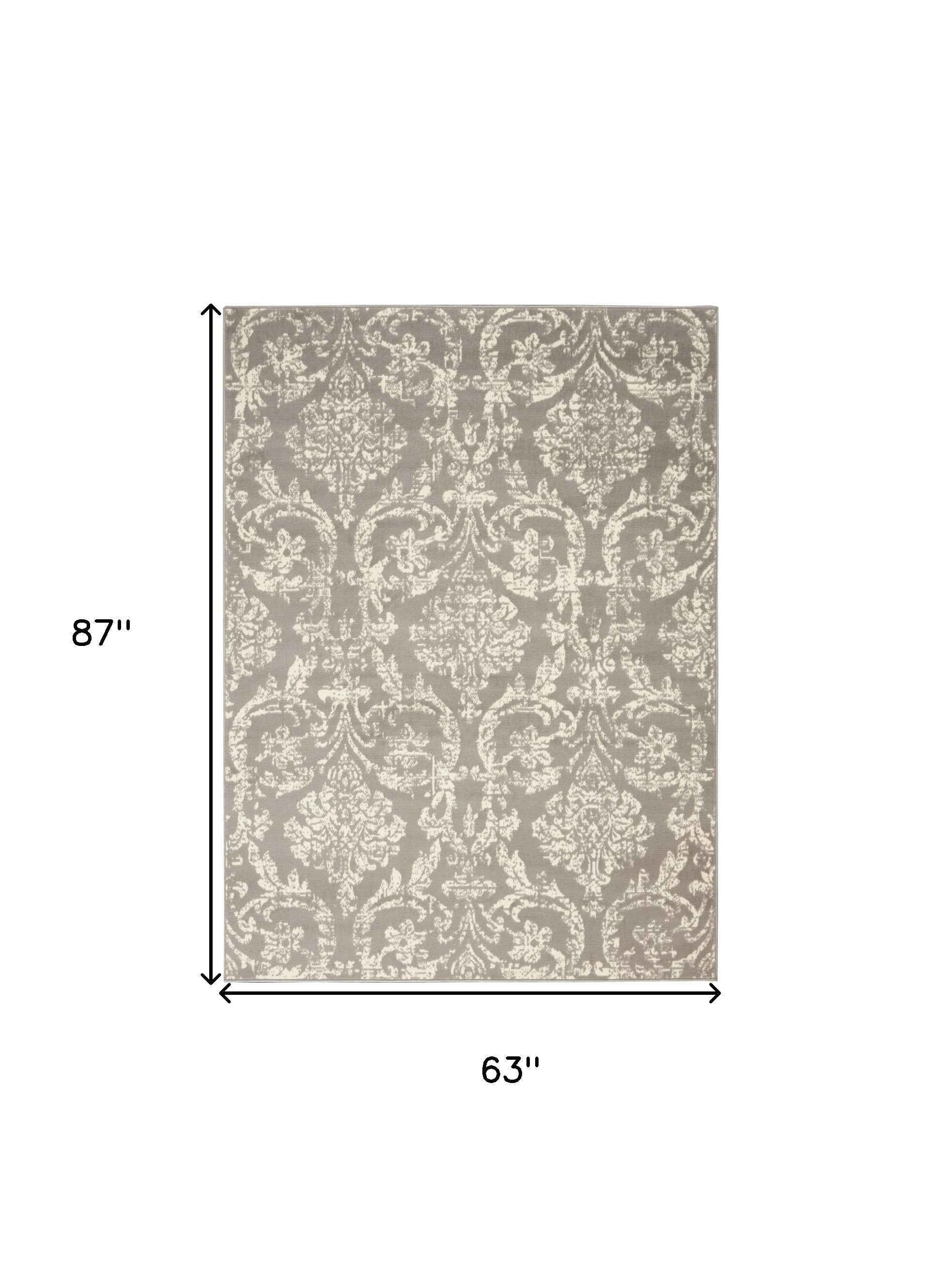 5' x 7' Gray Damask Power Loom Non Skid Area Rug