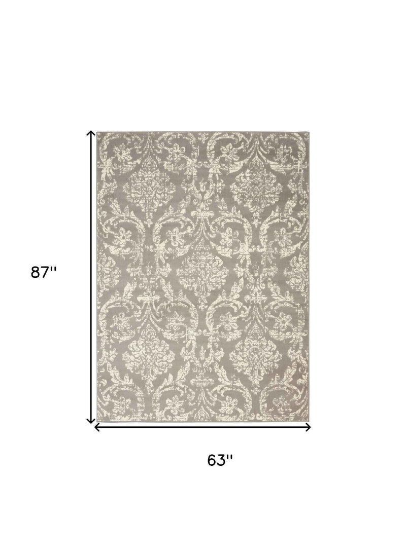 5' x 7' Gray Damask Power Loom Non Skid Area Rug