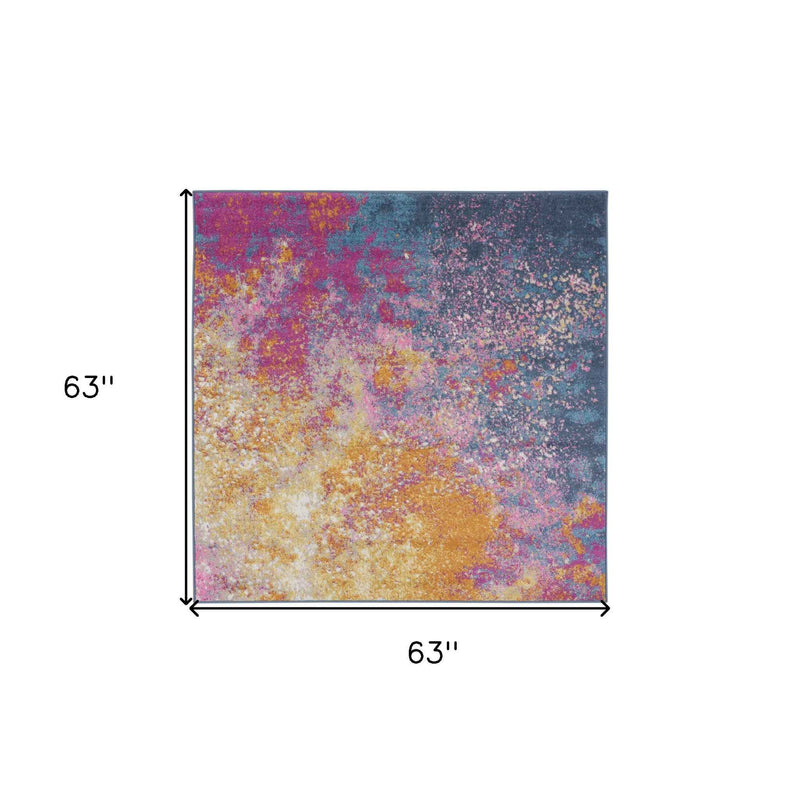 5' Blue Square Abstract Power Loom Area Rug