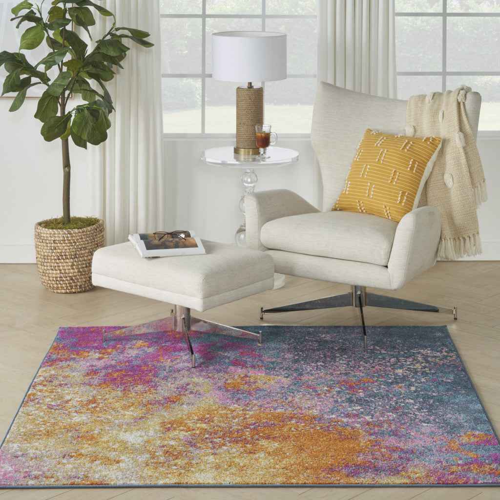5' Blue Square Abstract Power Loom Area Rug