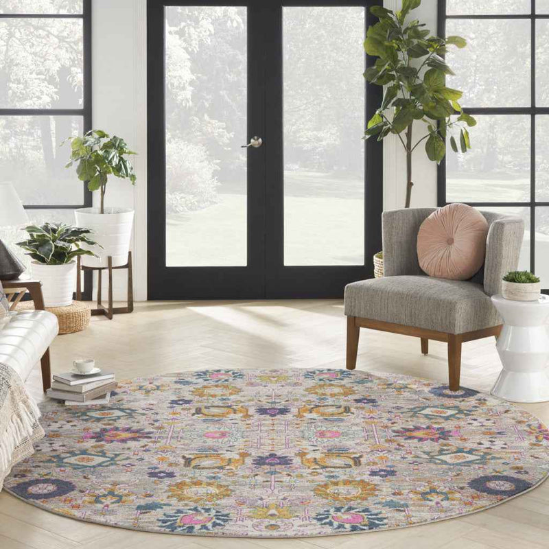 8' Gray Round Floral Power Loom Area Rug