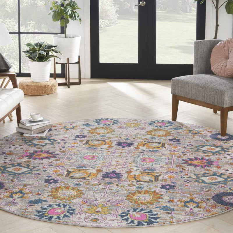 8' Gray Round Floral Power Loom Area Rug