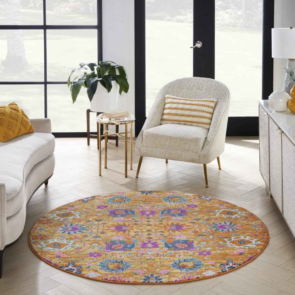 5' Gold Round Floral Power Loom Area Rug