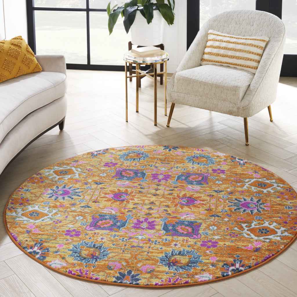 5' Gold Round Floral Power Loom Area Rug