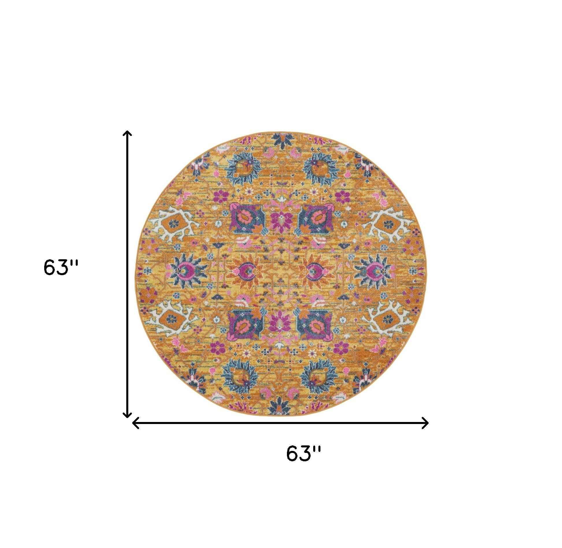 5' Gold Round Floral Power Loom Area Rug