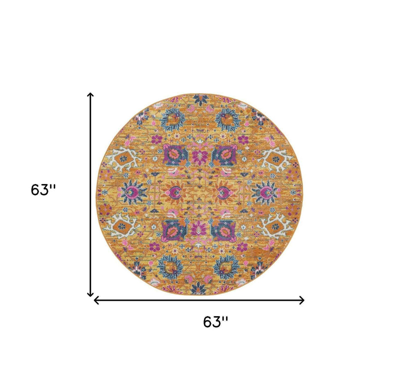 5' Gold Round Floral Power Loom Area Rug