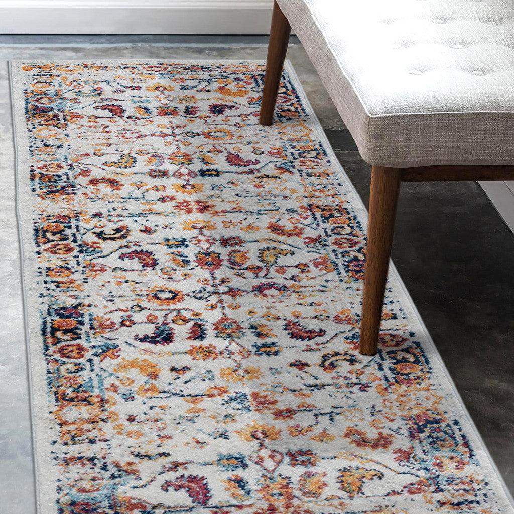 6' Ivory Navy and Orange Floral Power Loom Runner Rug - Home & Garden