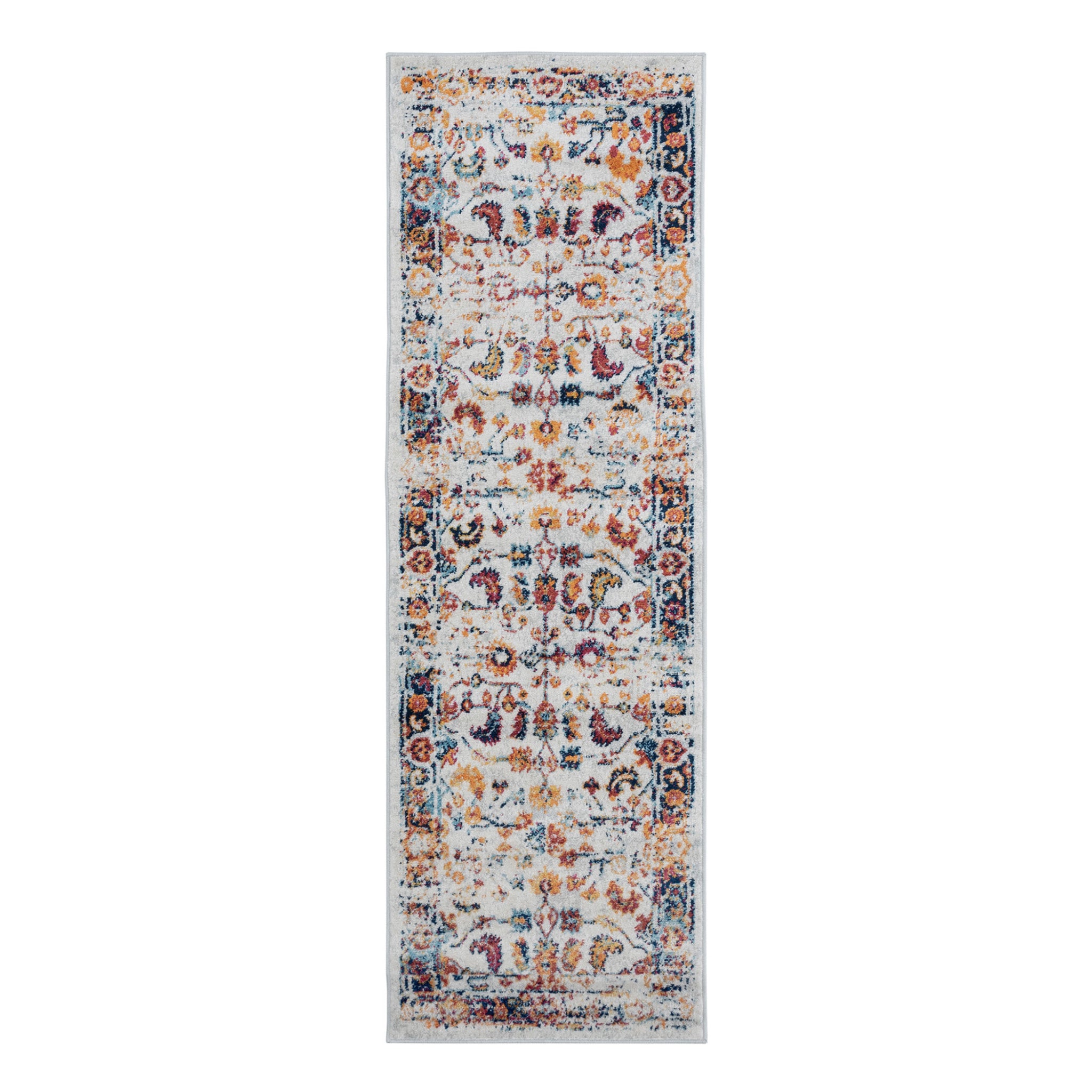 6' Ivory Navy and Orange Floral Power Loom Runner Rug - Home & Garden