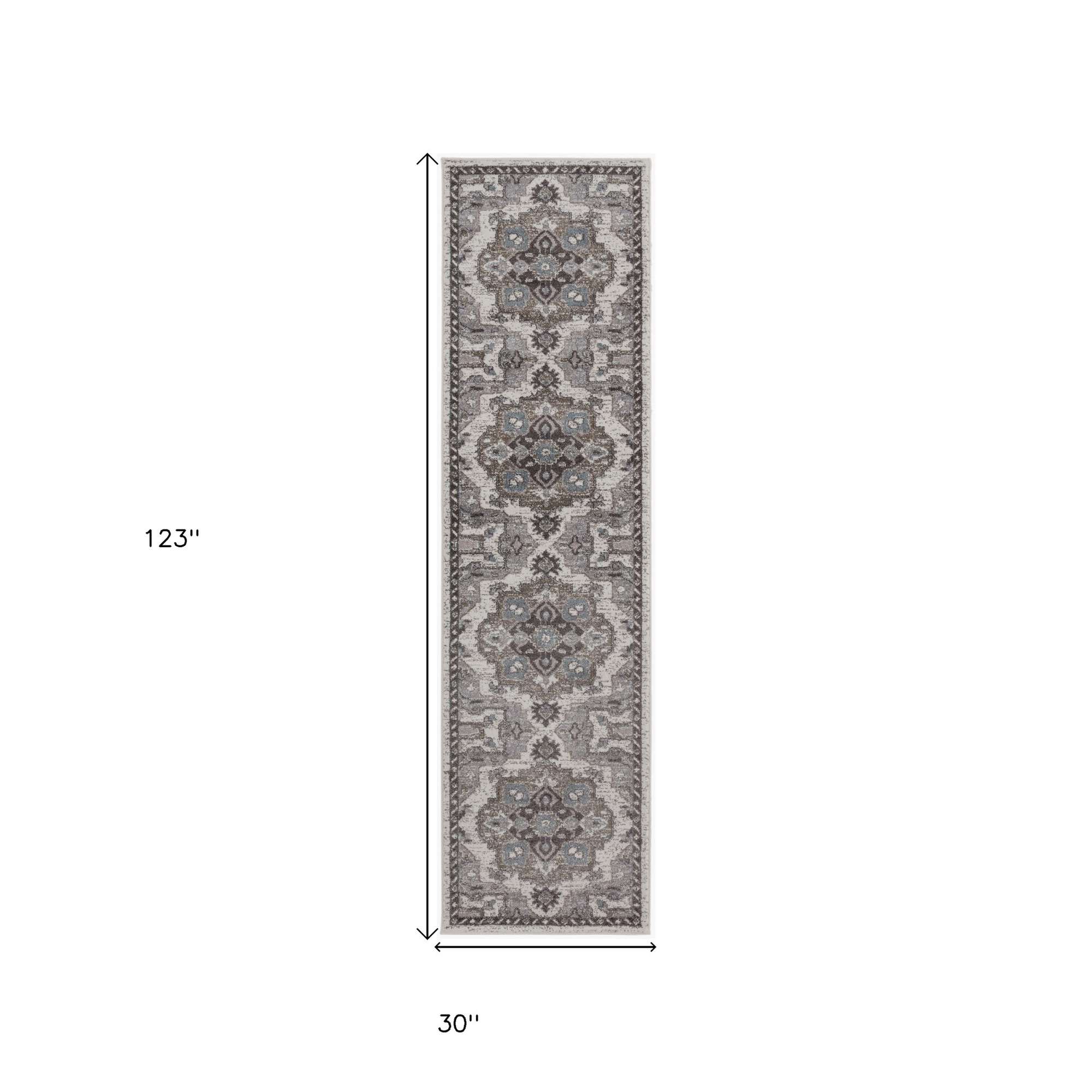 10' Ivory Taupe and Gray Medallion Power Loom Runner Rug - Home & Garden