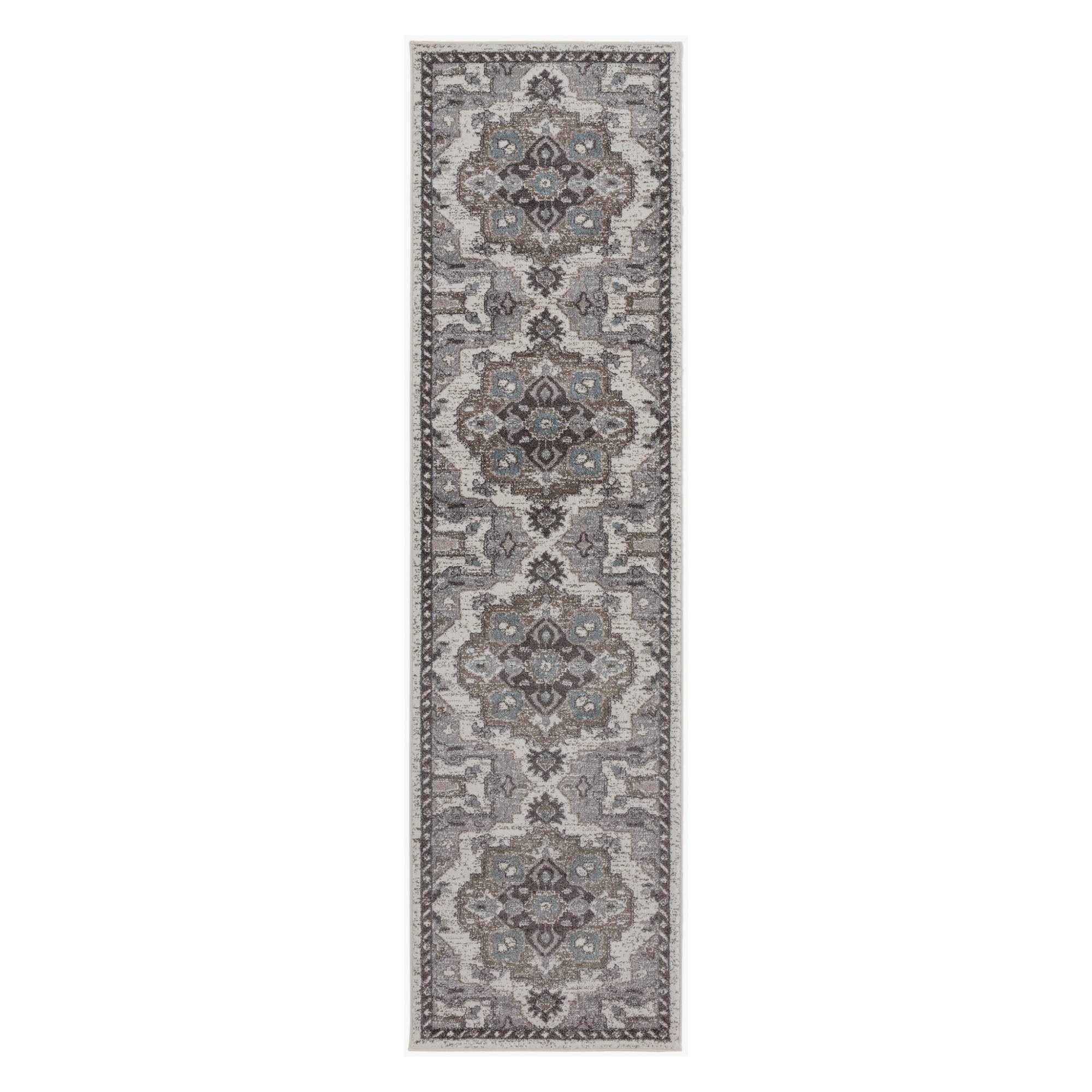 10' Ivory Taupe and Gray Medallion Power Loom Runner Rug - Home & Garden