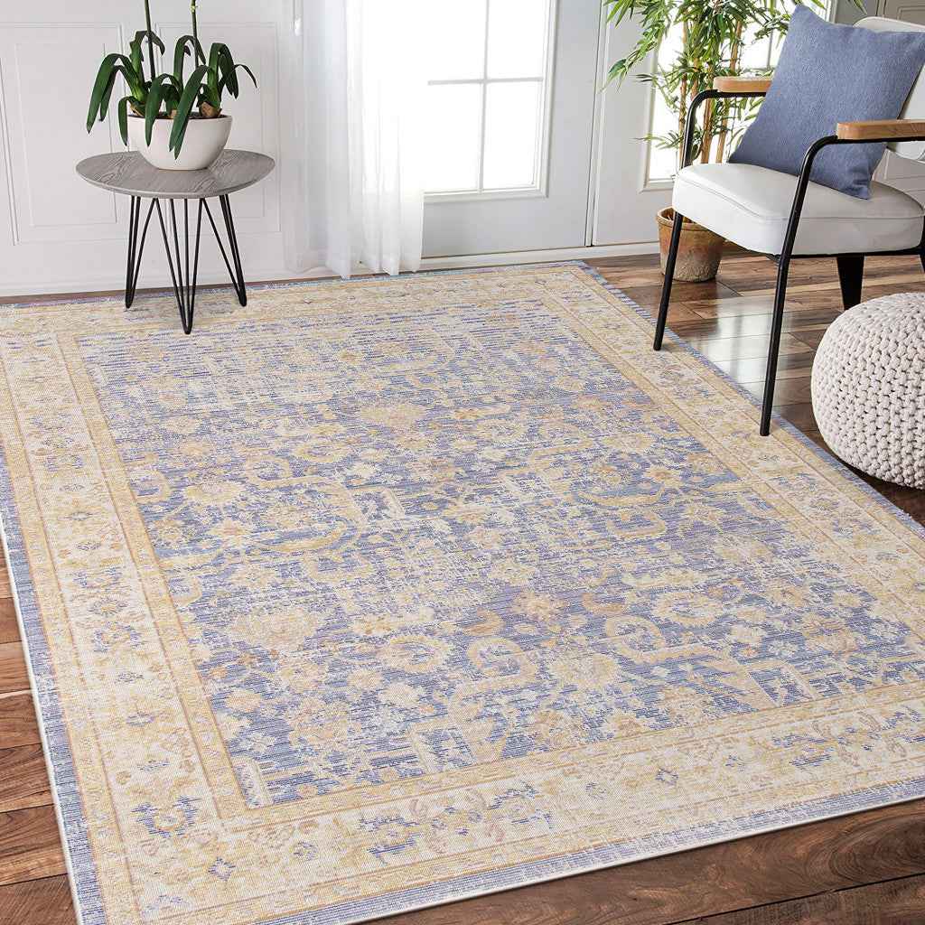 2' x 3' Purple and Ivory Oriental Power Loom Distressed Area Rug