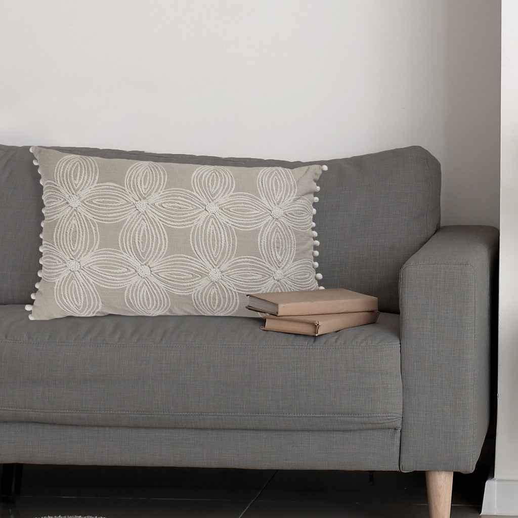 16" X 24" Beige and Ivory Floral Cotton Zippered Pillow With Embroidery, Pom Poms