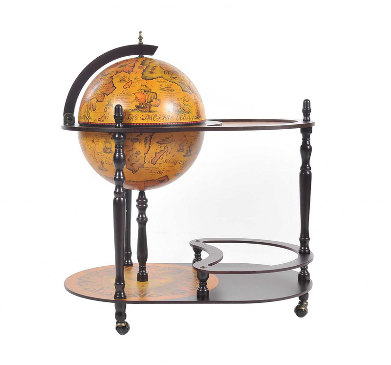 32" Brown Solid Wood Oval Rolling Bar Cart With Wine Storage - Kitchen & Dining