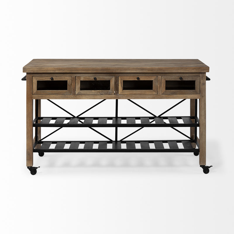 Brown Solid Wood Top Kitchen Island With Two Tier Black Metal Rolling - GreatEagleInc