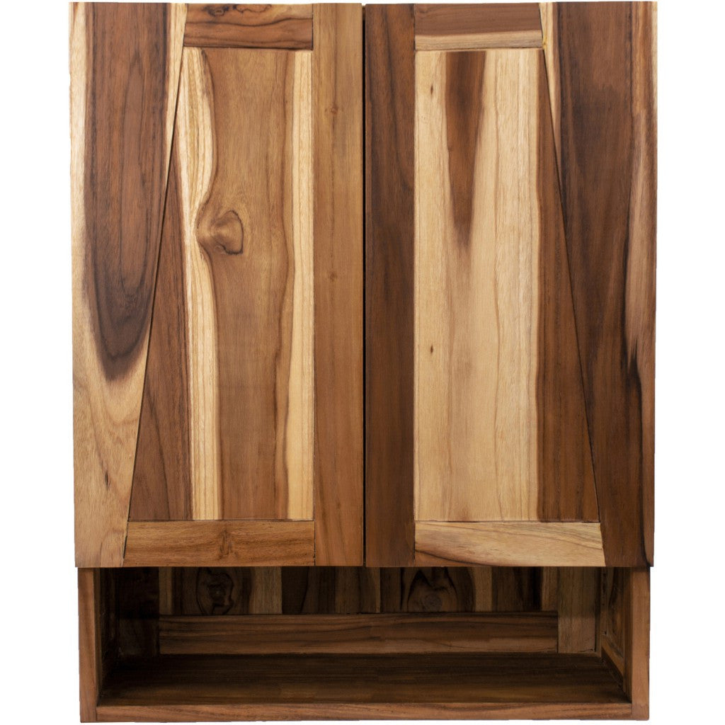 Teak wood wall cabinet with open bottom shelf, showing dark interior panel