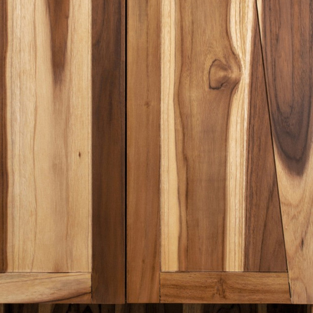 Teak wood cabinet door fronts with prominent knots and dark vertical grooves